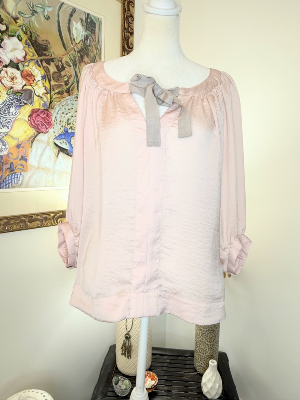 H&M Blush Pink Peasant Blouse Tie Neck Sheer High Low Boho Top M